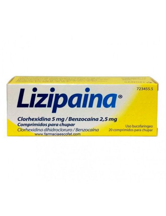 Lizipaina Clorhexidina 5 mg/Benzocaina 2,5 mg Comprimidos para Chupar,20 Comprimidos