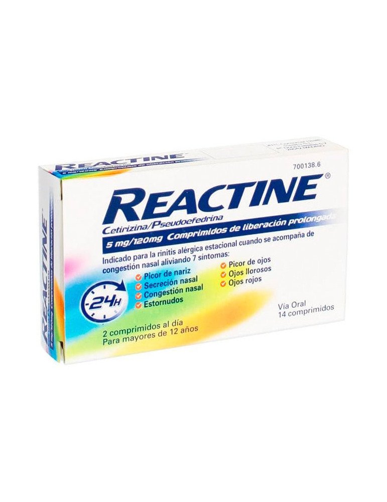 Reactine Cetirizina/Pseudoefedrina 5 mg/120 mg Comprimidos de Liberacion Prolongada, 14 Comprimidos